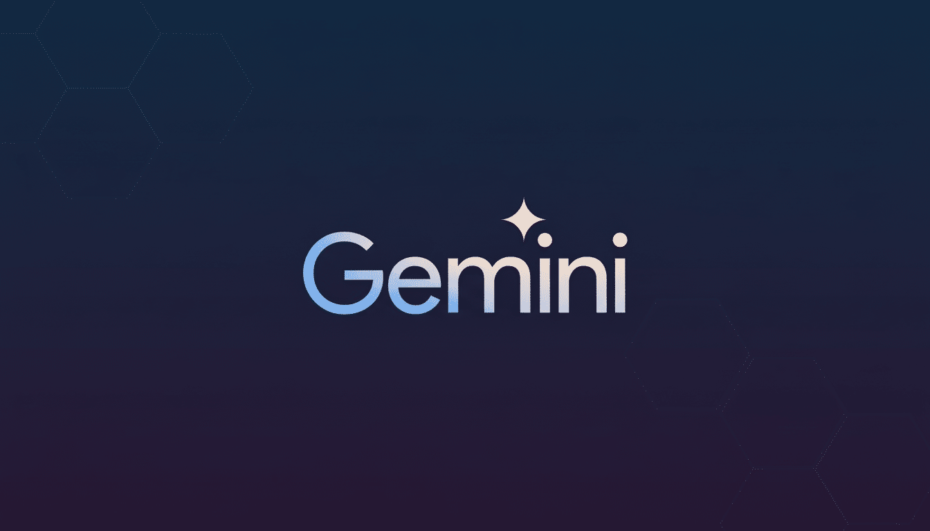 The Gemini logo, featuring a gradient from light blue to white, with a sparkling star replacing the dot over the i, set against a dark blue background with subtle hexagonal patterns.