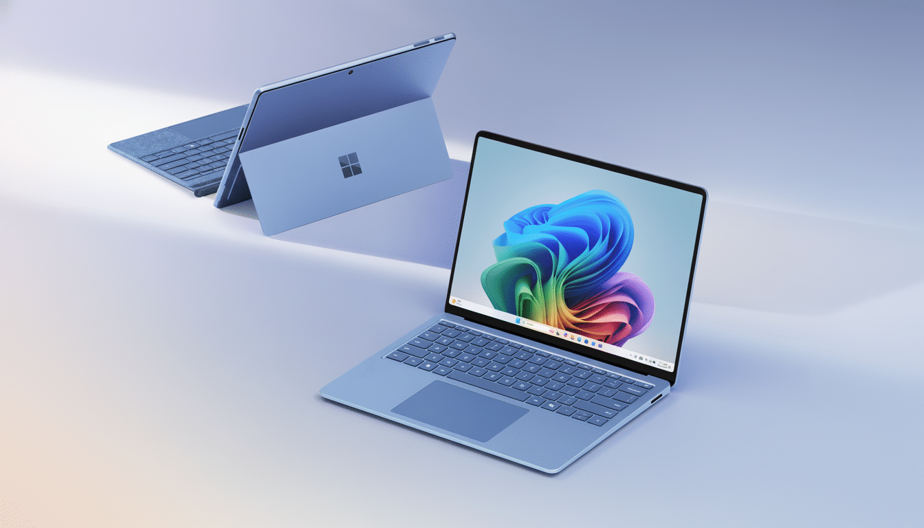 A blue Microsoft Surface laptop and a blue Microsoft Surface tablet with a keyboard are displayed on a light background.