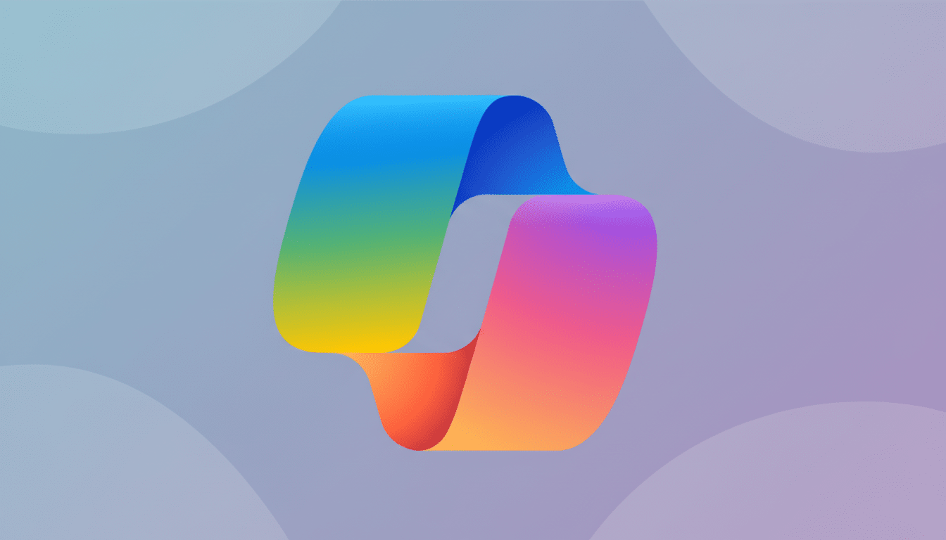 A colorful, gradient-filled ribbon-like logo on a professional flat design background with soft patterns.