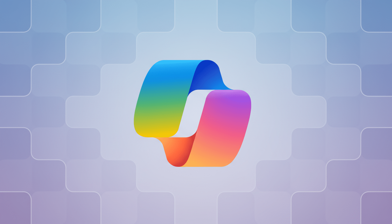 A colorful, gradient-filled ribbon-like shape, transitioning from blue to green to yellow to orange to pink and purple, set against a light blue and purple gradient background with a subtle, geometric pattern.