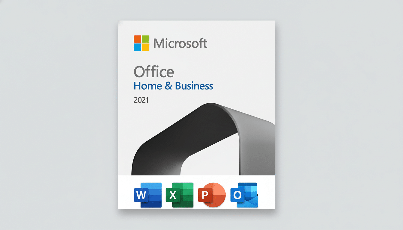 Microsoft Office Home & Business 2021 software box with Word, Excel, PowerPoint, and Outlook icons.