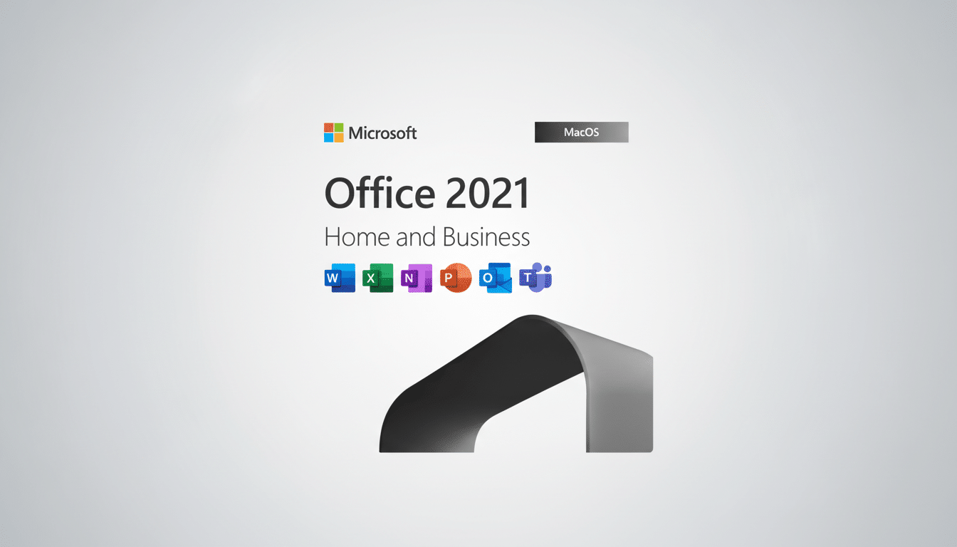 Microsoft Office 2021 Home and Business for MacOS, featuring the logos for Word, Excel, OneNote, PowerPoint, Outlook, and Teams, presented on a clean, professional background.
