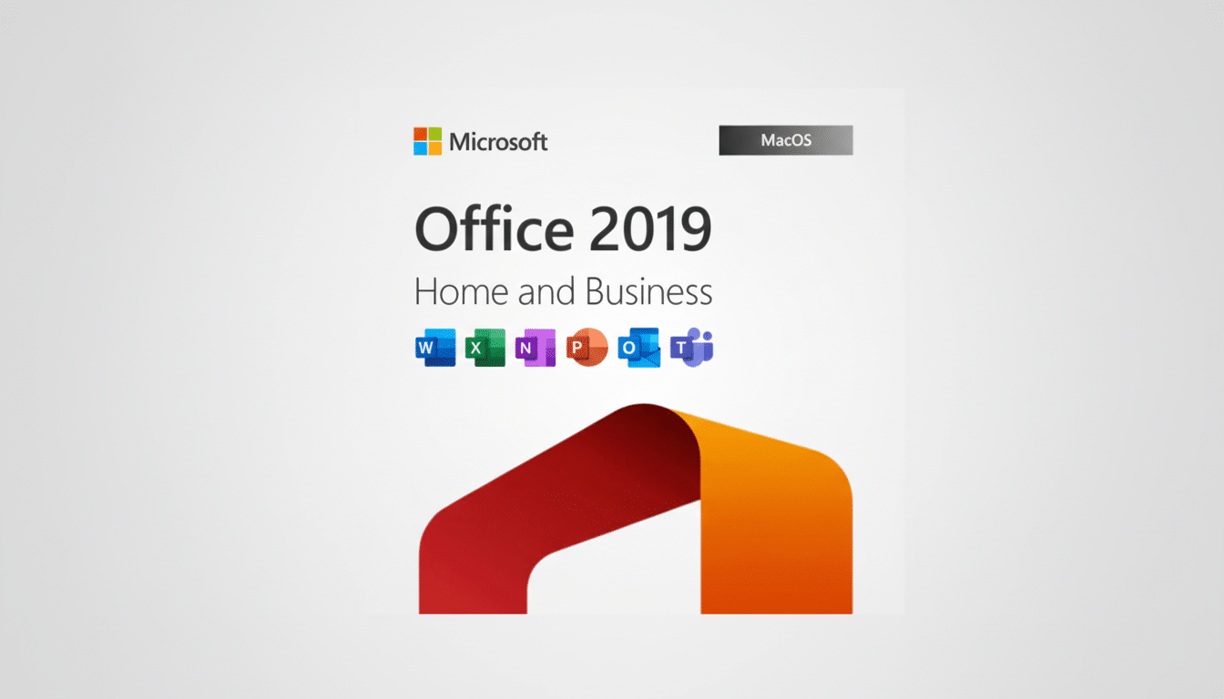 Microsoft Office 2019 Home and Business for MacOS, featuring the Office logo and icons for Word, Excel, OneNote, PowerPoint, Outlook, and Teams, presented on a clean, professional background with a soft gradient.