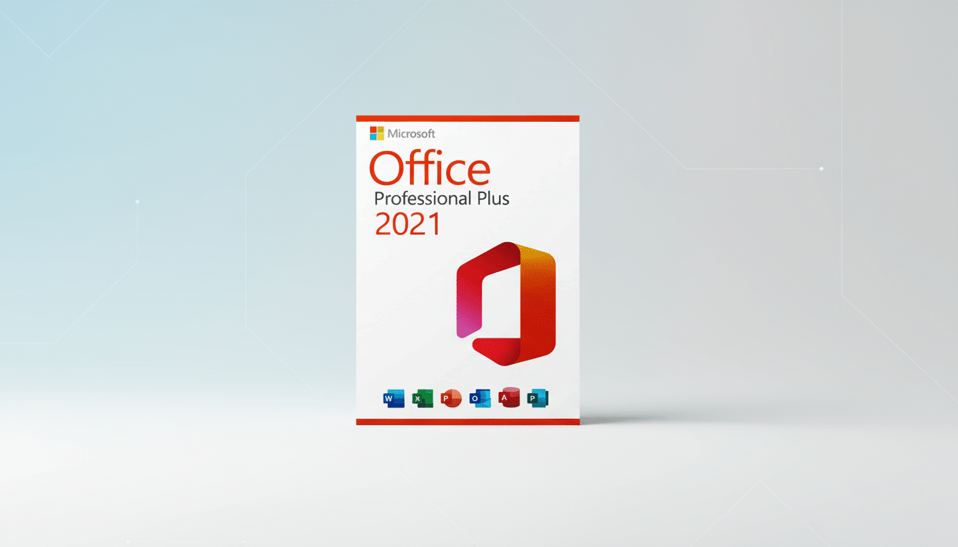A 16:9 aspect ratio image of the Microsoft Office Professional Plus 2021 software box, centered on a professional flat design background with soft blue and white gradients and subtle geometric patterns.