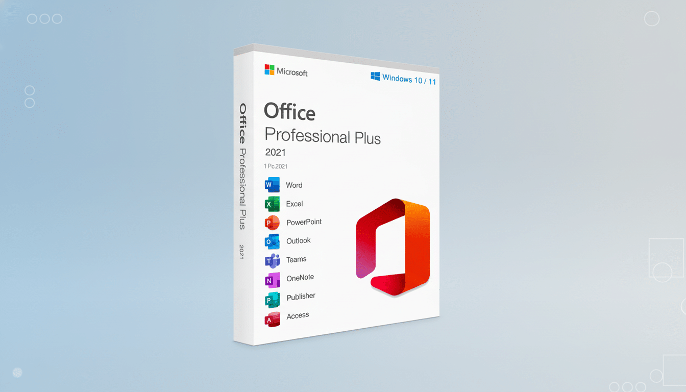A 16:9 aspect ratio image of the Microsoft Office Professional Plus 2021 software box, featuring a professional flat design background with soft patterns and gradients.