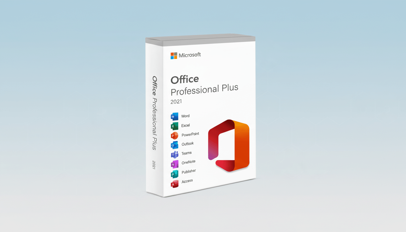 A 16:9 aspect ratio image of a Microsoft Office Professional Plus 2021 software box on a professional flat design background with a soft blue gradient.