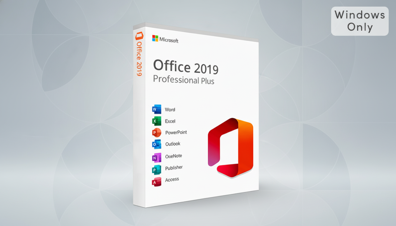 A 16:9 aspect ratio image of the Microsoft Office 2019 Professional Plus software box, featuring a professional flat design background with soft patterns. The box displays the Microsoft logo, Office 2019 Professional Plus, and a list of included applications: Word, Excel, PowerPoint, Outlook, OneNote, Publisher, and Access. A Windows Only tag is in the top right corner.