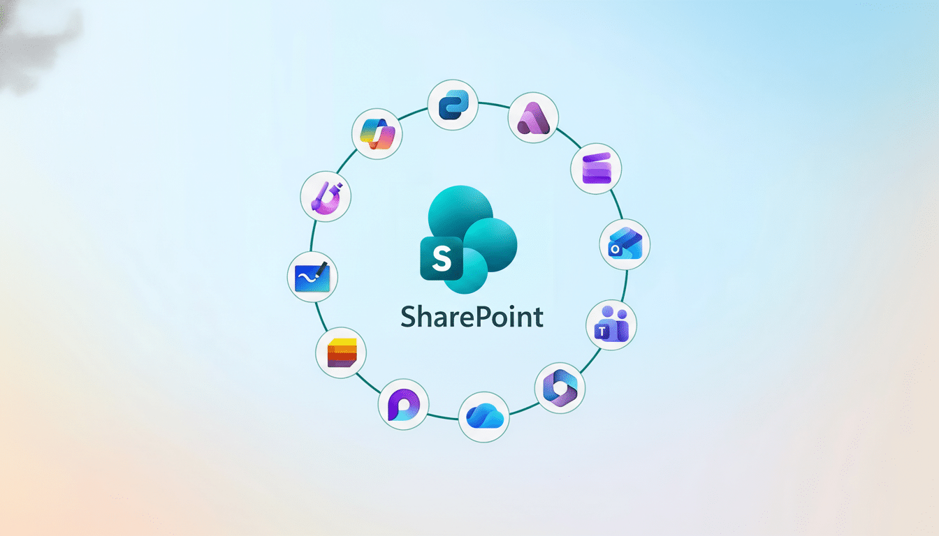A 16:9 aspect ratio image featuring the SharePoint logo at the center, surrounded by a circular arrangement of other Microsoft 365 application icons, all set against a soft, gradient background.