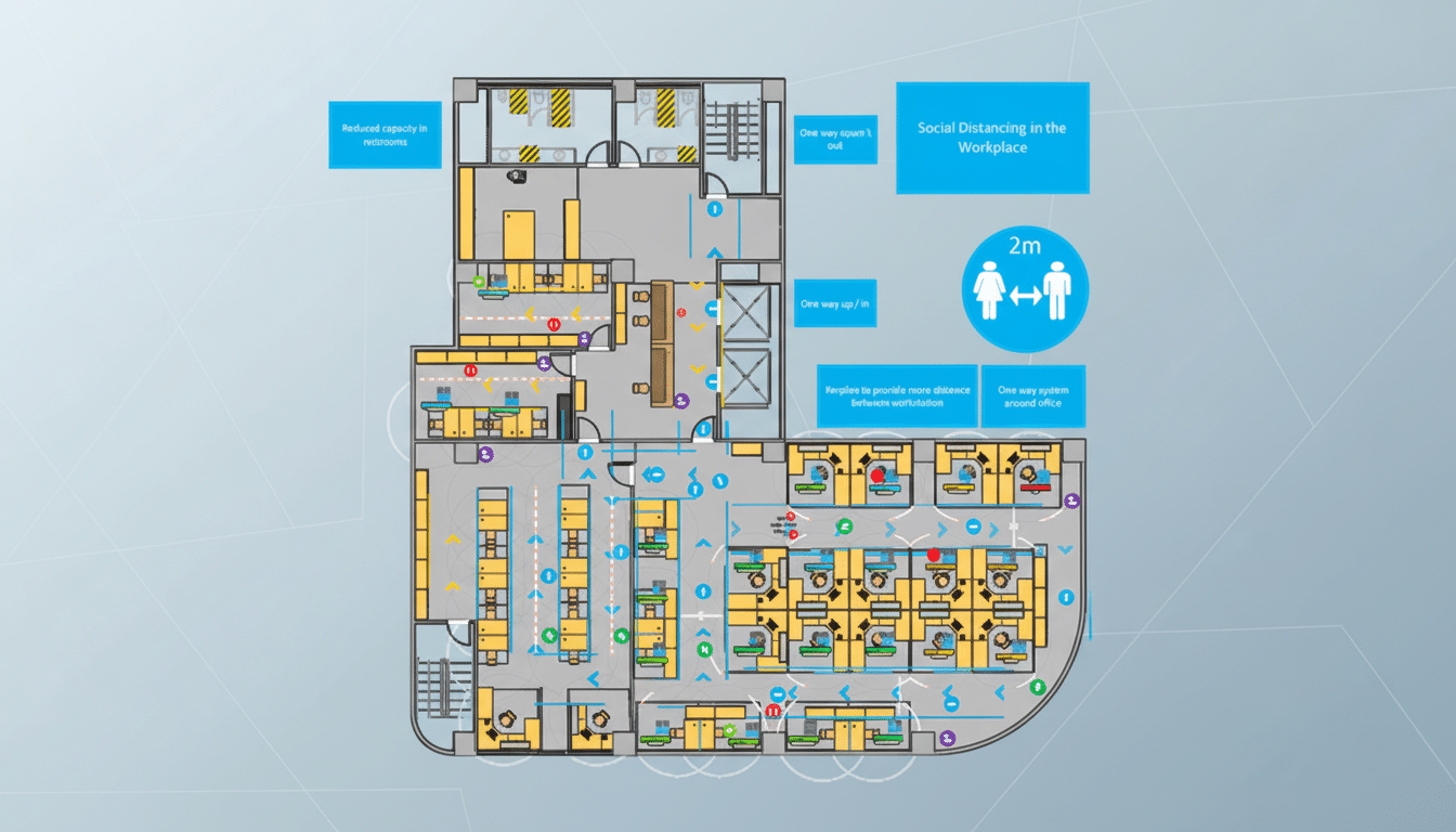 A floor plan illustrating social distancing measures in a workplace, with arrows indicating one-way systems, designated workspaces, and reduced capacity areas.