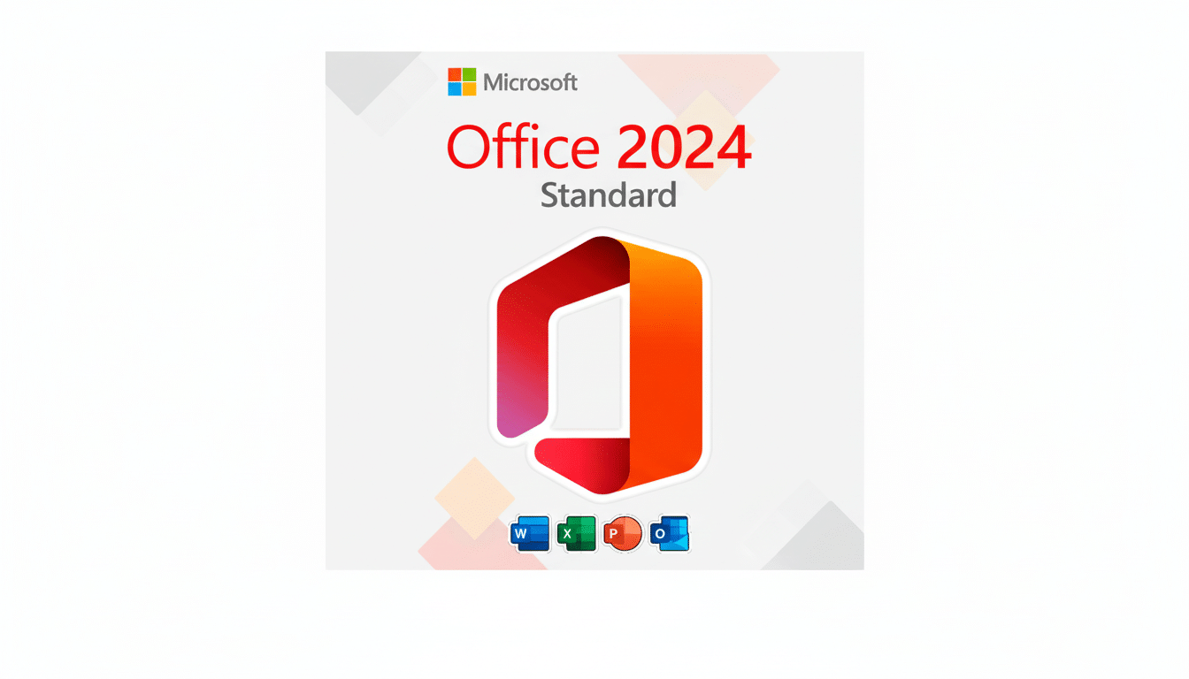 Microsoft Office 2024 Standard logo with a white background and subtle geometric patterns.