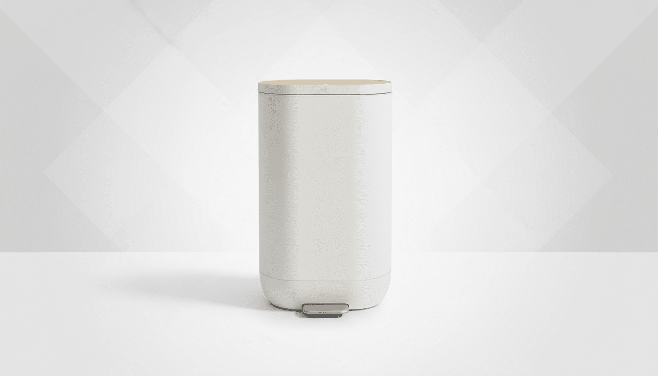 A sleek, modern, light-colored smart waste bin with a wooden lid and a foot pedal, set against a professional light gray background with subtle geometric patterns.