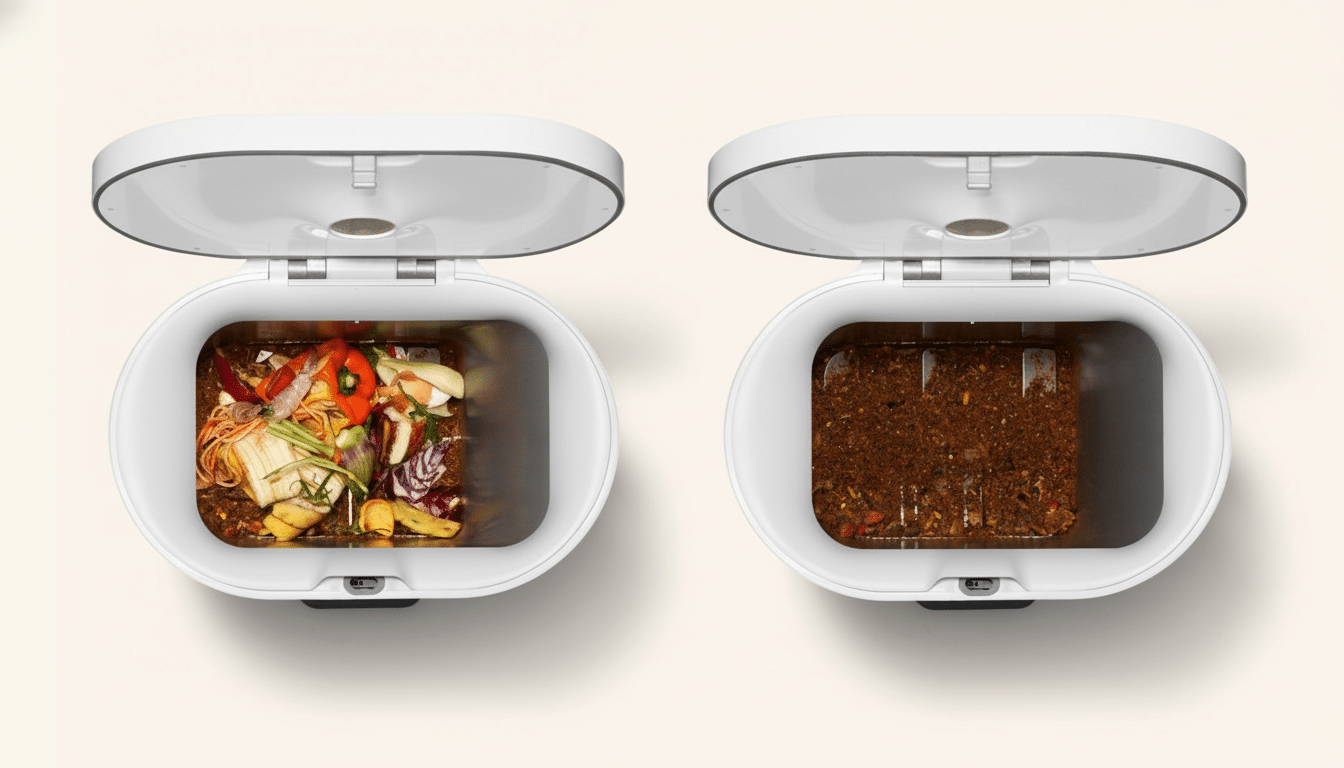 A white compost bin shown in two stages: on the left, filled with food scraps, and on the right, with the scraps processed into soil.