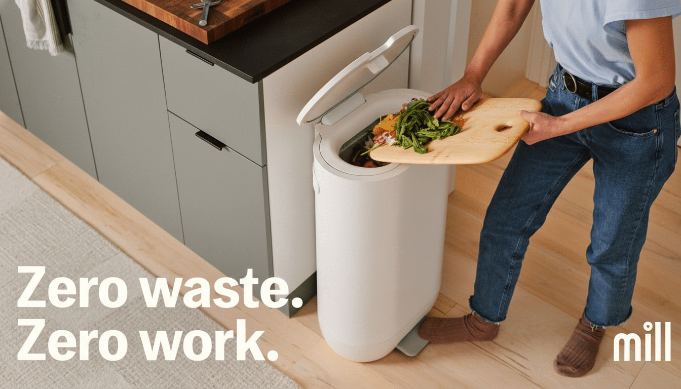 A person in jeans and a light blue t-shirt is emptying food scraps from a wooden cutting board into a white Mill kitchen bin. The bin is open, revealing food waste inside. The kitchen features grey cabinets and a wooden countertop. Text overlay reads Zero waste. Zero work. and mill in the bottom right corner.
