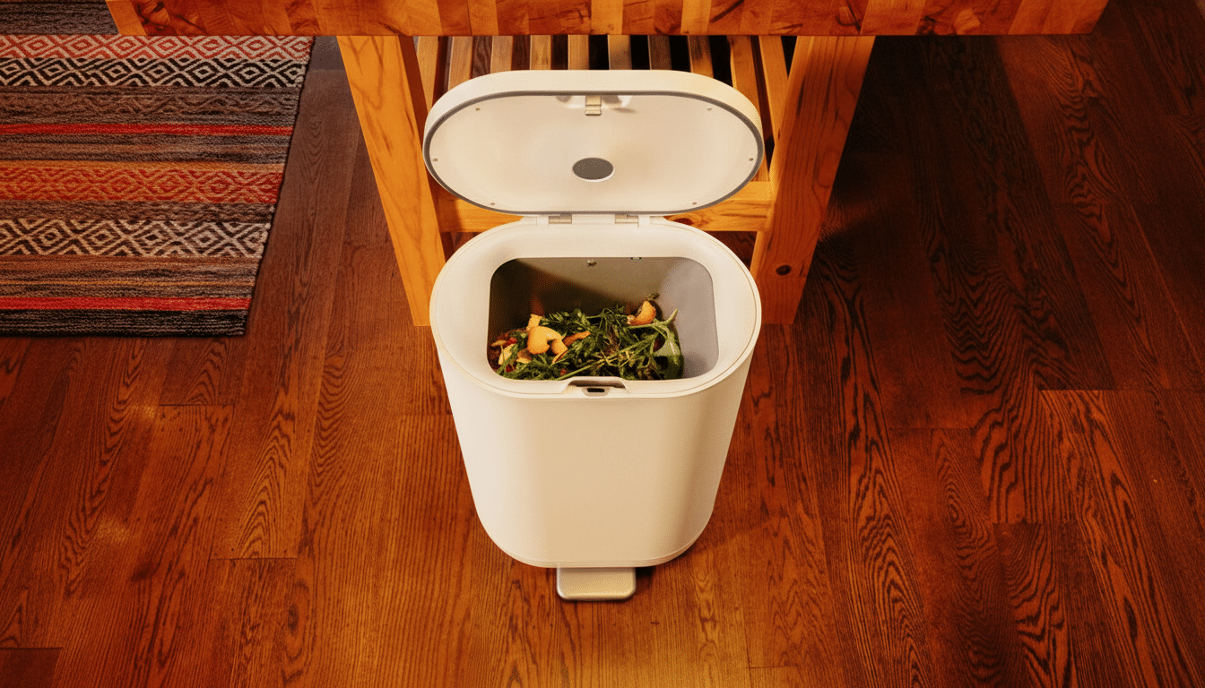 A white compost bin with its lid open, filled with food scraps, sitting on a wooden floor under a wooden table.