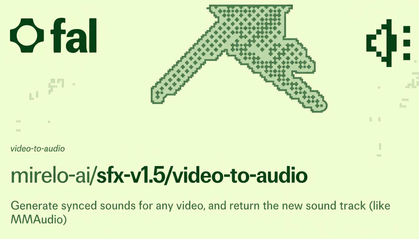 A 16:9 aspect ratio image featuring the Fal AI logo and text mirelo-ai/sfx-v1.5/video-to-audio on a light green background.