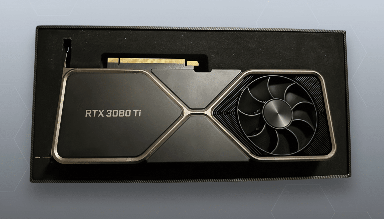A professional, enhanced image of an RTX 3080 Ti graphics card in a black box, set against a subtle gray gradient background with soft patterns, resized to a 16:9 aspect ratio.