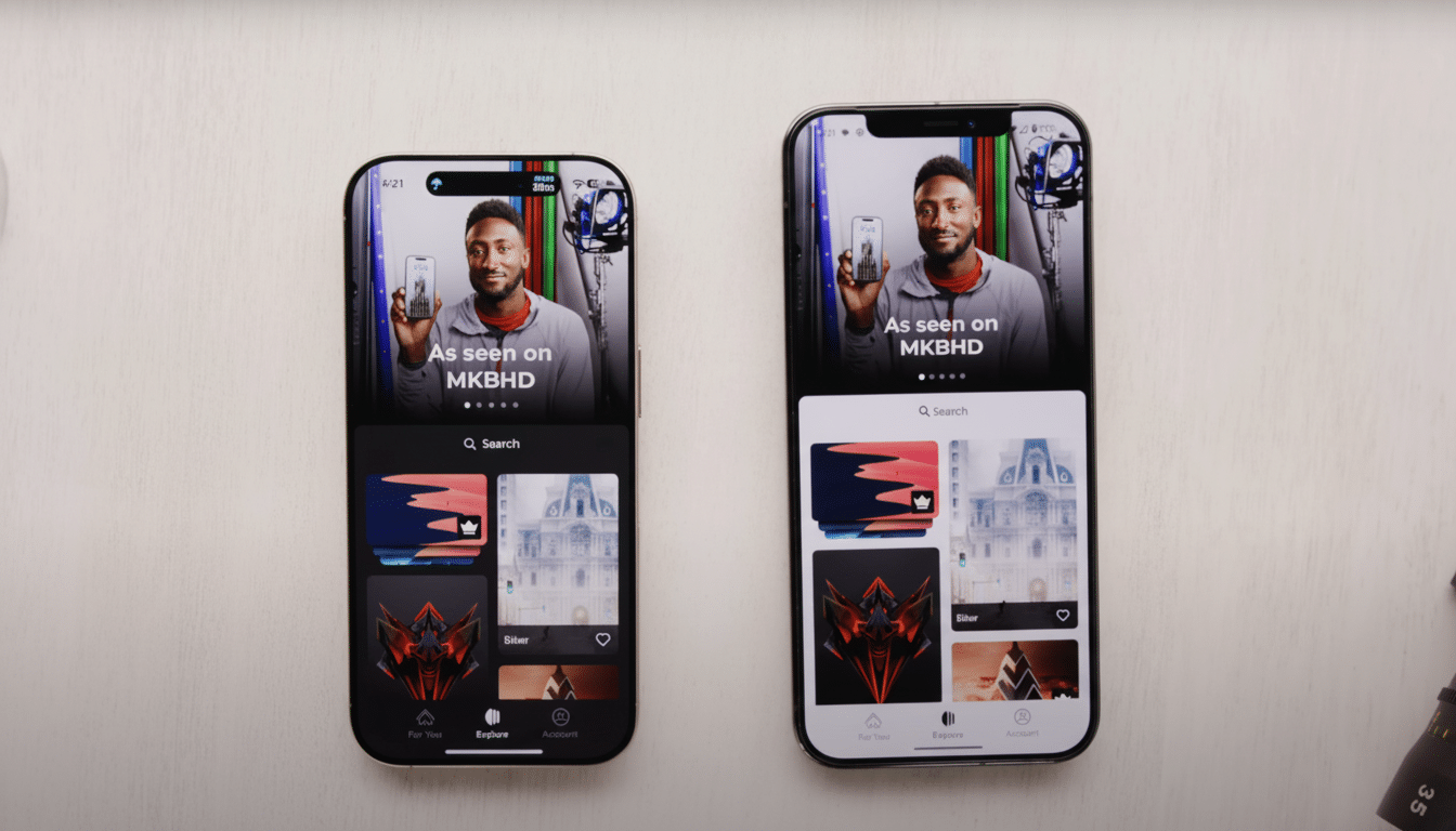 Two smartphones displaying an app interface, with a man holding a phone visible on the screens.