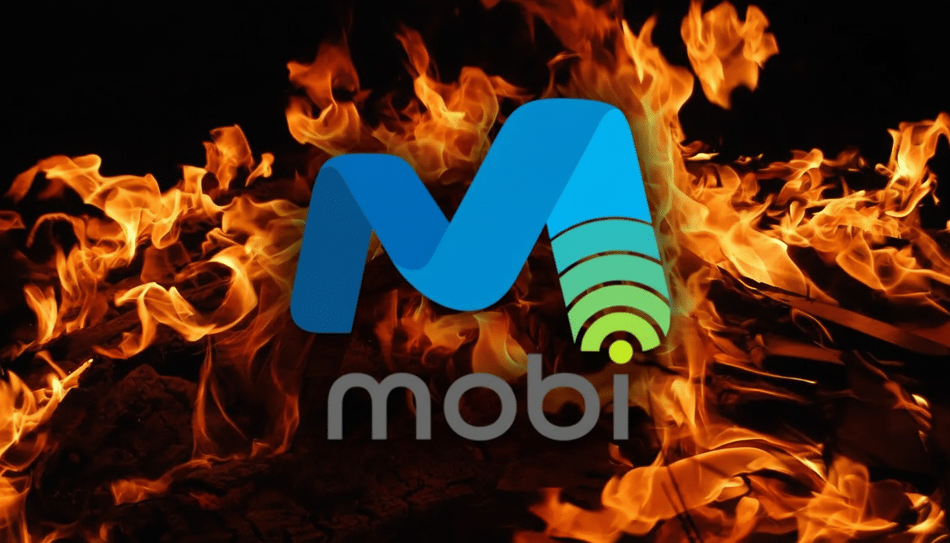The Mobi logo, featuring a blue M with green signal waves, set against a background of vibrant orange flames.