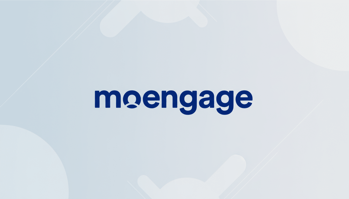 The MoEngage logo, featuring the company name in dark blue lowercase letters, centered on a light blue background with subtle white geometric patterns.