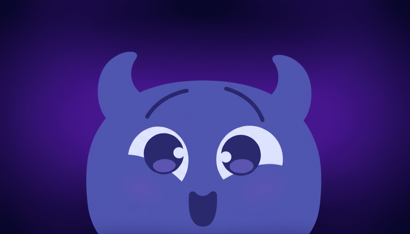 A purple cartoon monster with horns and wide eyes, looking surprised, set against a dark purple background.
