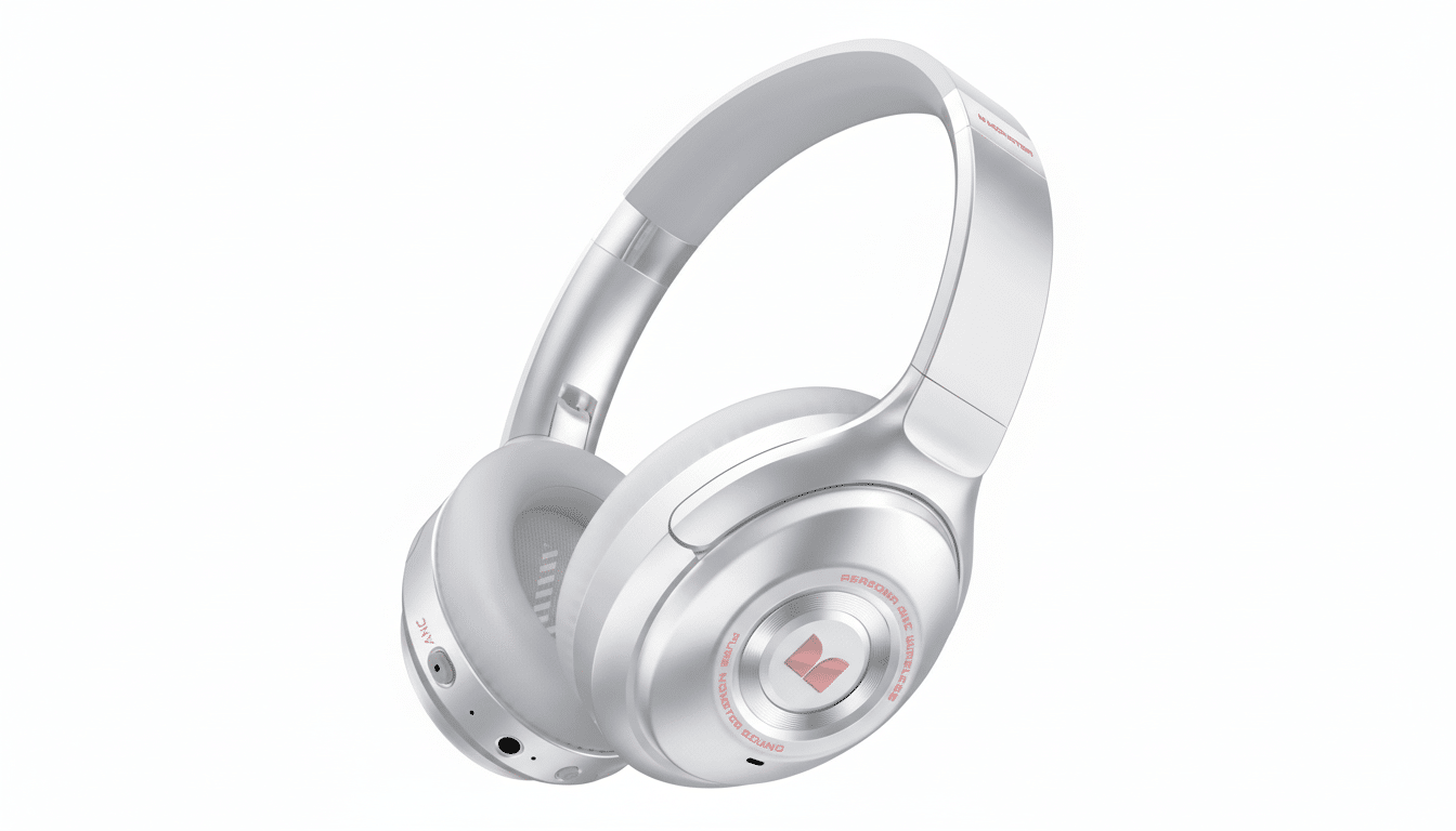 A pair of white Monster Persona ANC Wireless headphones with red accents, presented on a clean white background.