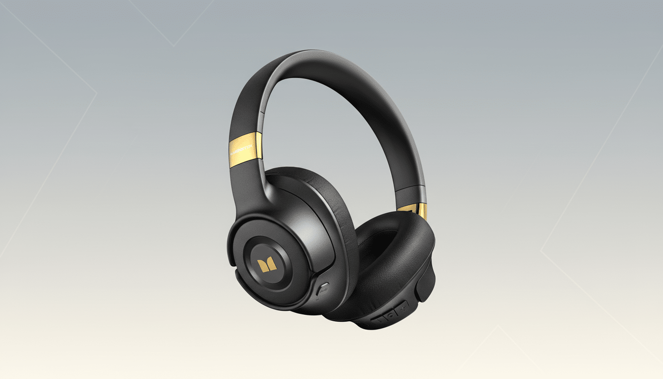 A pair of black and gold Monster headphones on a professional flat design background with soft patterns and gradients.