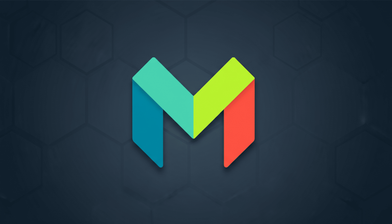 A professional 16:9 aspect ratio image featuring a stylized letter M logo in teal, lime green, and coral, centered on a dark blue background with subtle hexagonal patterns.