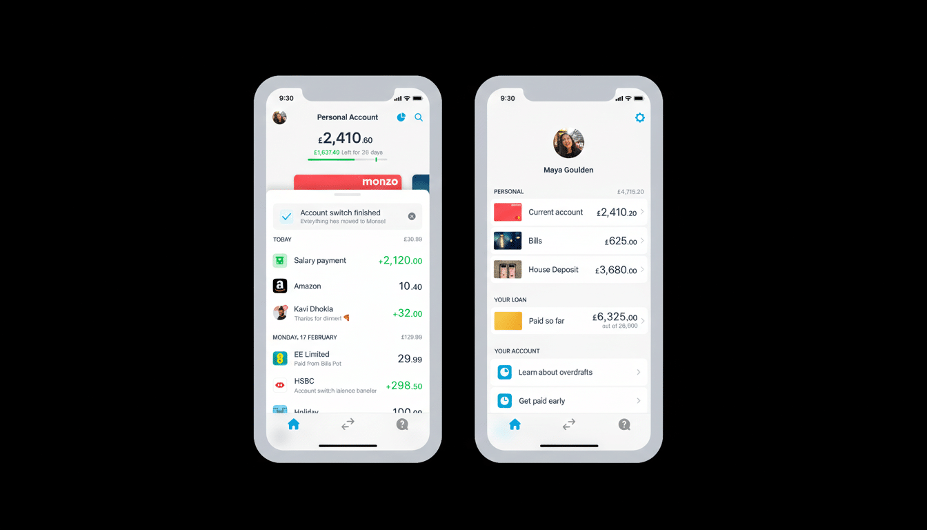 Two mobile phone screens displaying a banking app interface. The left screen shows a personal account overview with recent transactions and a notification about an account switch. The right screen shows a personal account summary with balances for current account, bills, house deposit, and loan details.