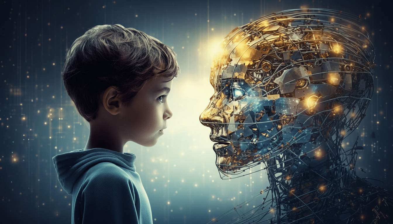 A young boy in a blue hoodie looks intently at a glowing, metallic, wireframe human head, representing artificial intelligence, against a sparkling, ethereal background.