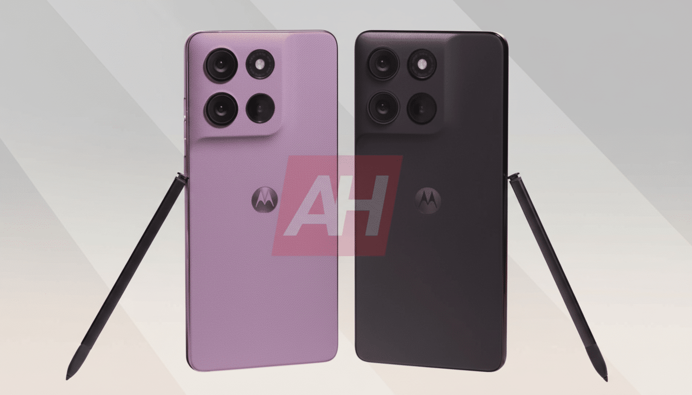 A purple and a black smartphone, both with styluses, are displayed against a professional flat gray background with soft patterns.