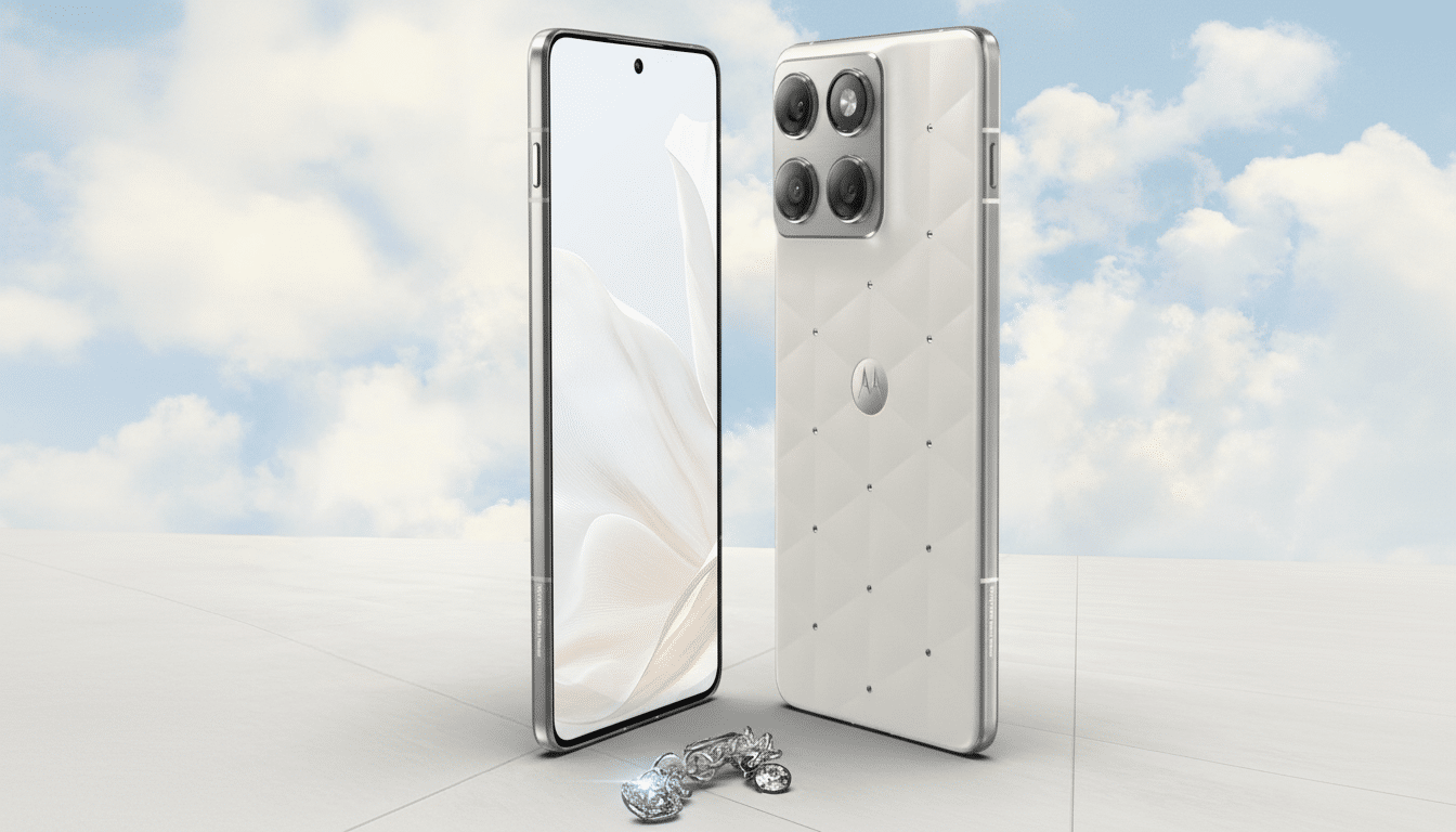 Motorola Edge 70 smartphone in Pantone Cloud Dancer color, front and back views