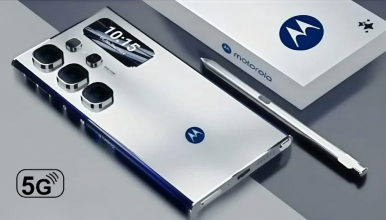 A silver Motorola smartphone with a stylus and a white box with the Motorola logo.