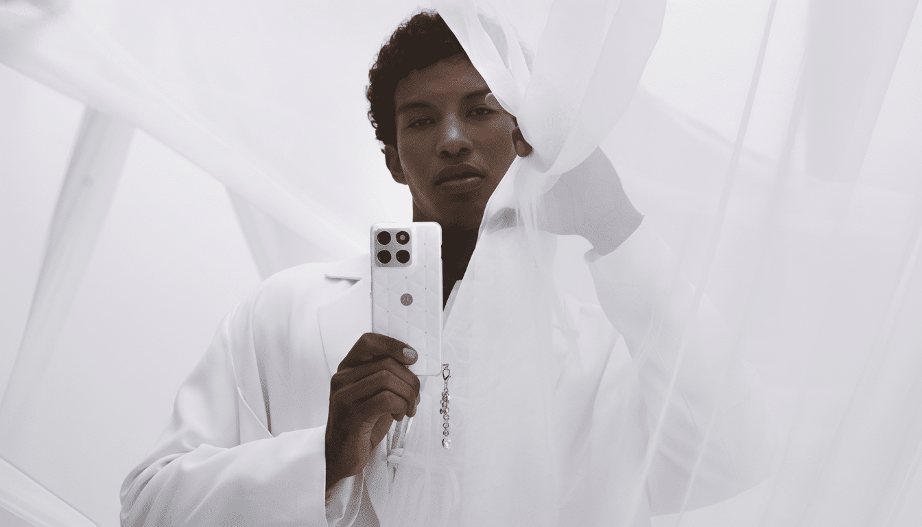 A man in a white outfit holding a white smartphone with a charm, against a white draped background.