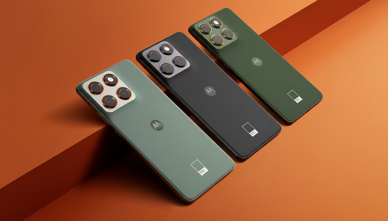 Three Motorola smartphones in different shades of green and black, arranged diagonally on an orange background.
