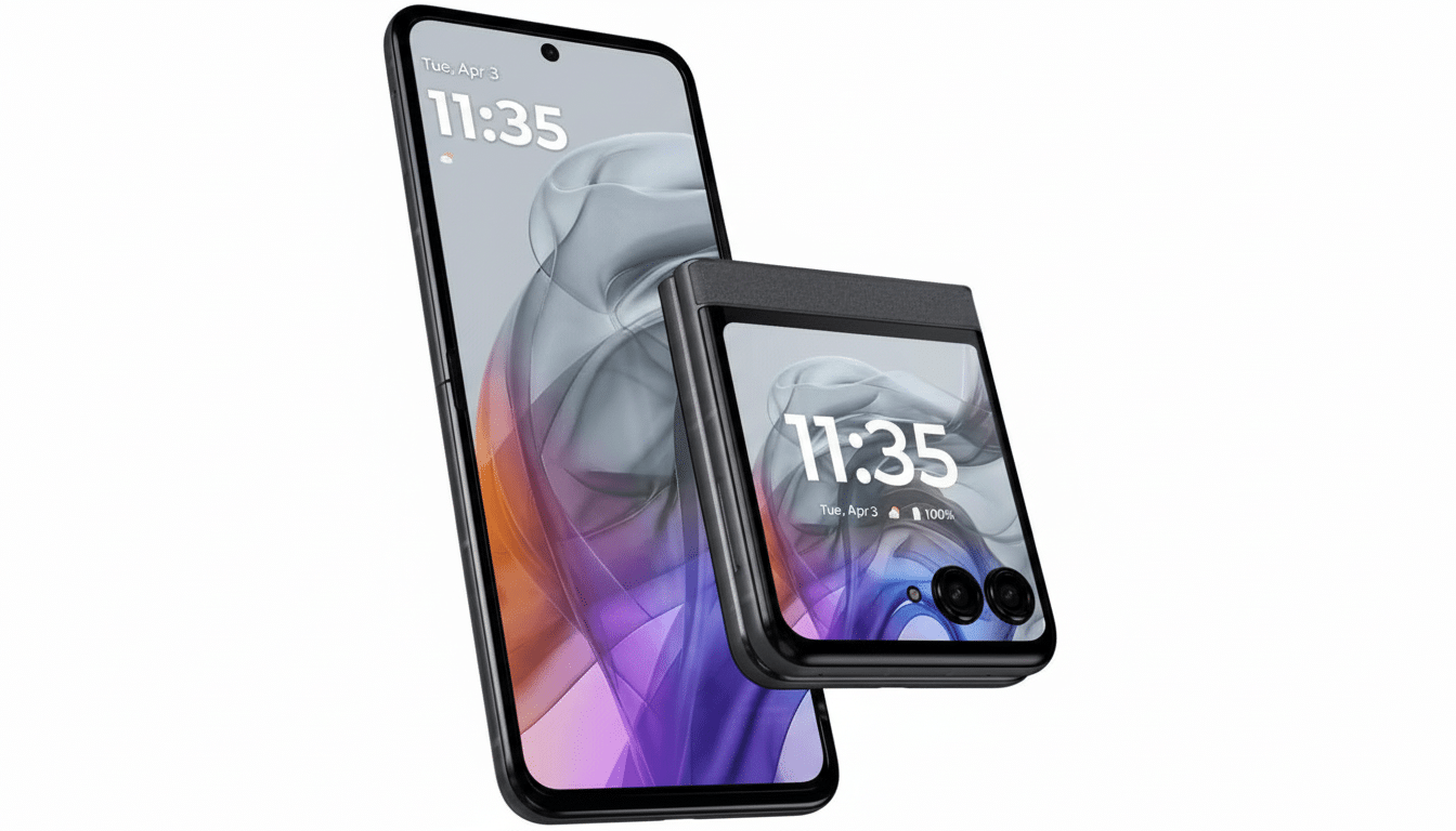 A black smartphone with a large screen displaying 11:35 Tue, Apr 3 and a colorful abstract background, positioned next to a smaller, folded black flip phone also showing 11:35 Tue, Apr 3 100% on its cover screen, with both devices set against a clean white background.