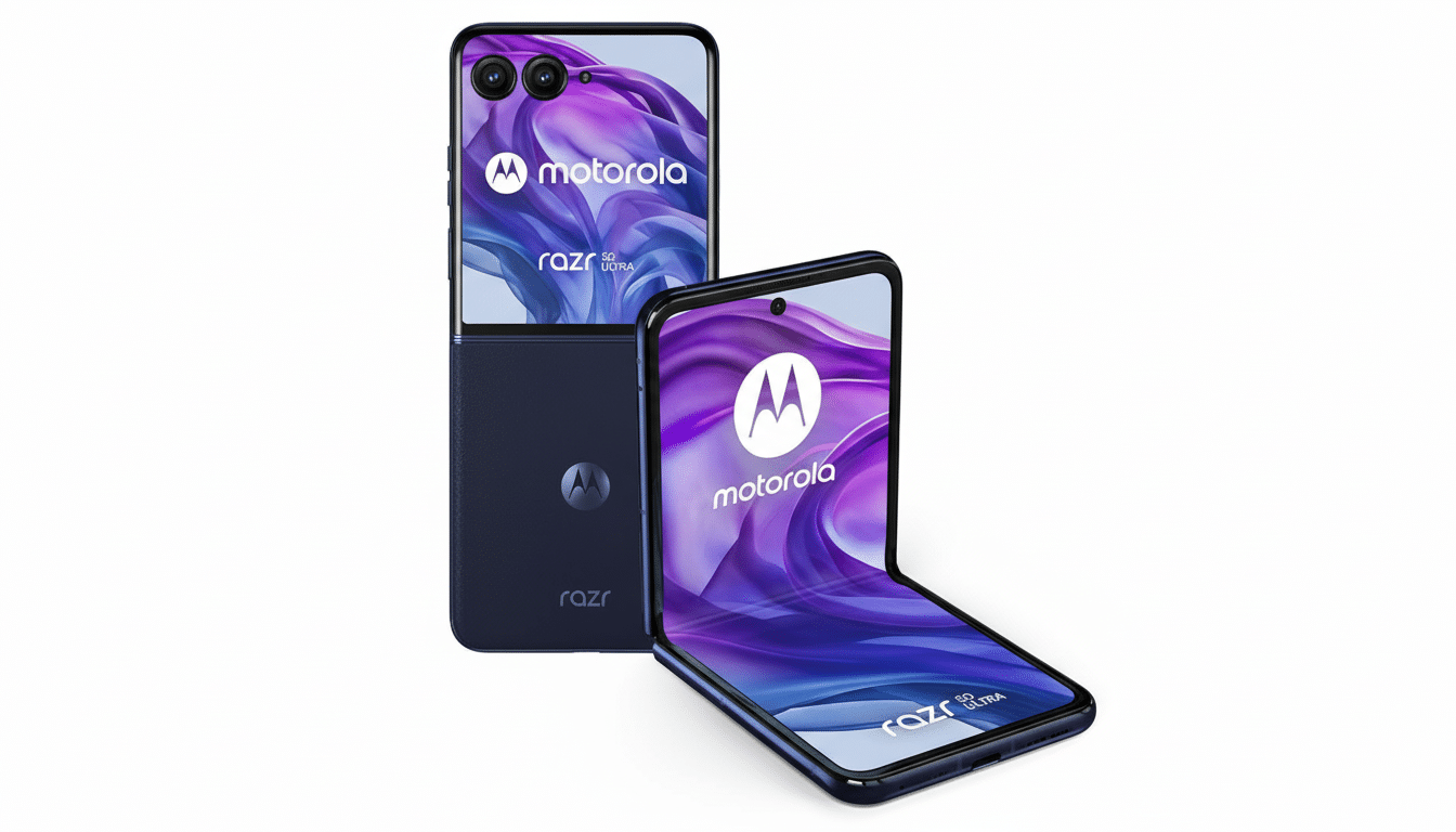 Two Motorola Razr 50 Ultra phones, one unfolded and one folded, presented on a clean white background.
