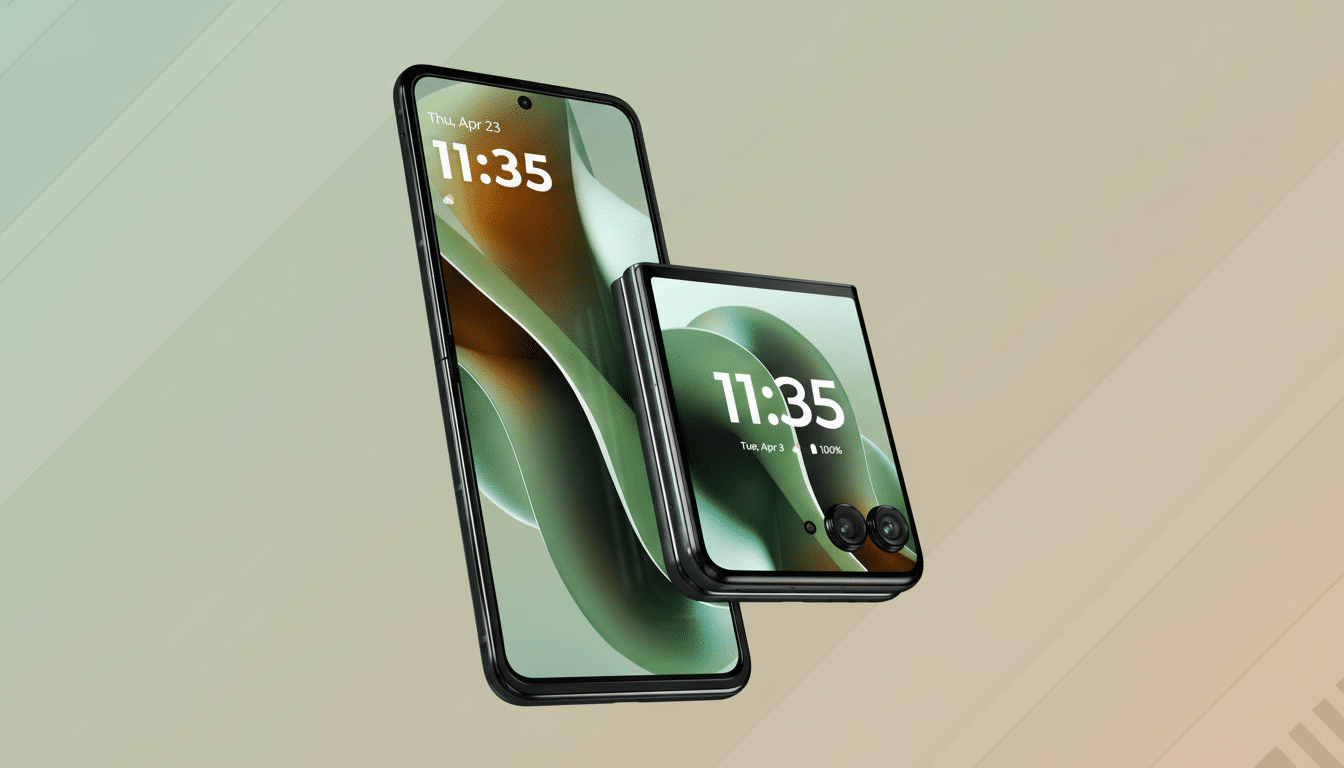 A sleek, modern smartphone and a compact foldable phone are displayed against a professional flat design background with soft green and orange gradients.