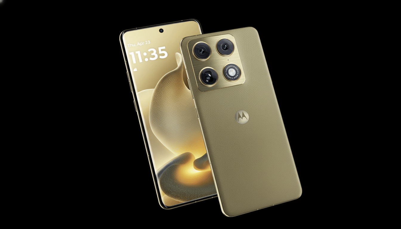 A gold Motorola smartphone with its screen facing forward and another gold Motorola smartphone with its back facing forward, both set against a black background.