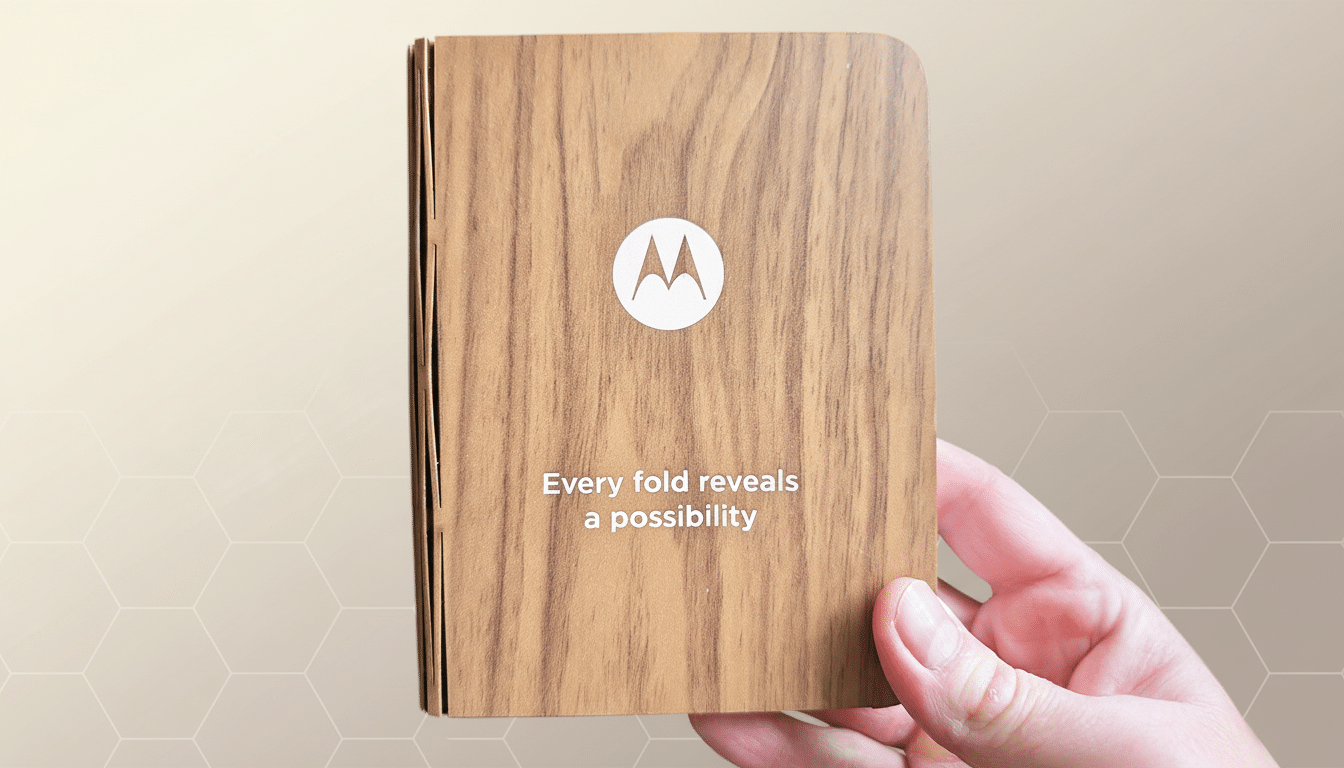 A hand holding a Motorola-branded booklet with a wood grain texture and the text Every fold reveals a possibility on a professional flat design background with soft patterns.