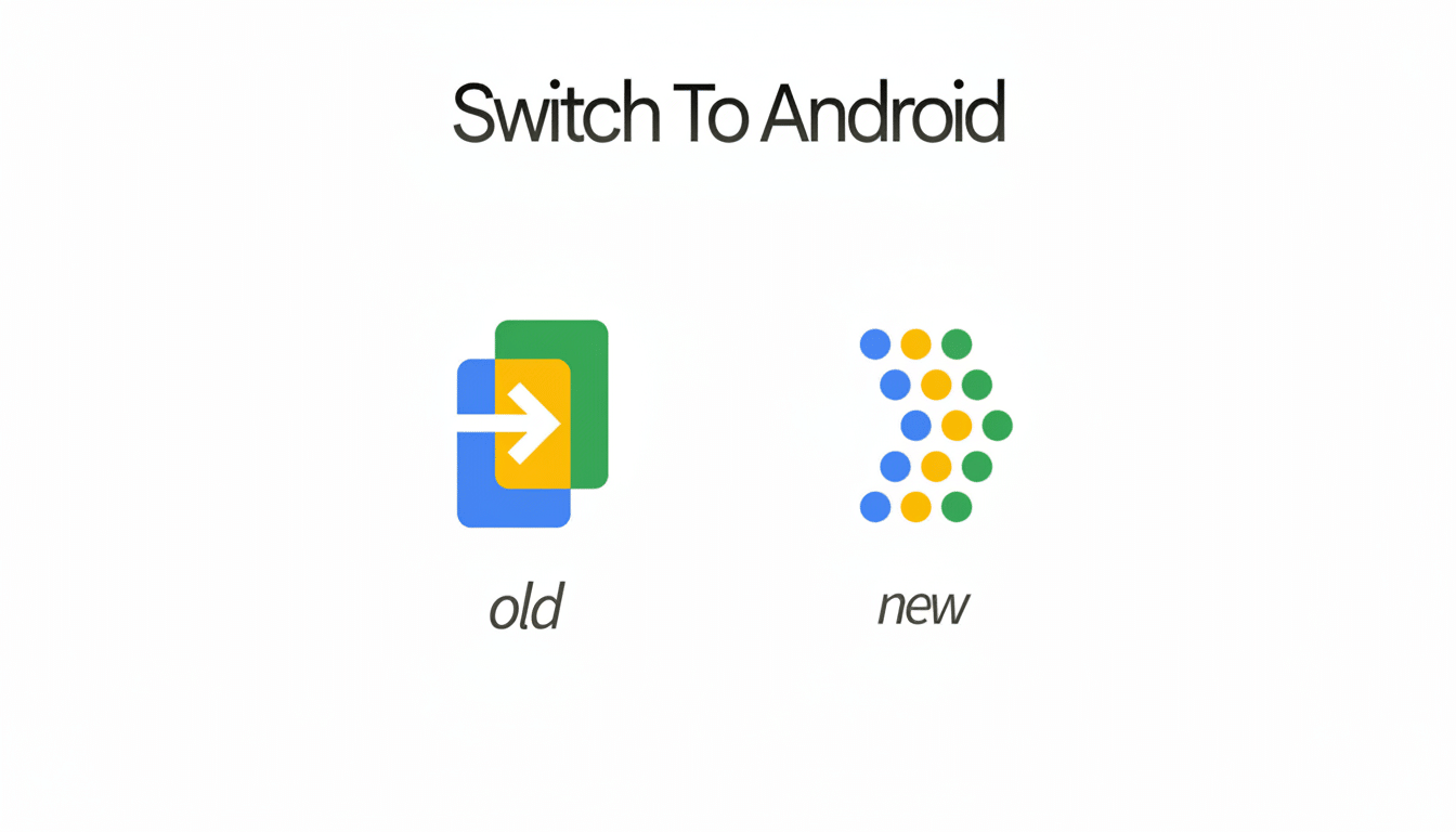 The image shows the Switch To Android title at the top. Below it, there are two icons. On the left, labeled old, is an icon depicting two overlapping cards, one blue and one green, with a white arrow pointing right. On the right, labeled new, is an icon composed of several blue, green, and yellow dots arranged in a curved, semi-circular pattern. The background is white.