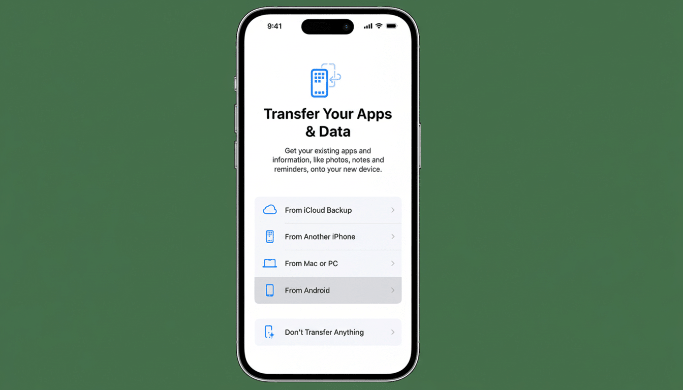 An iPhone displaying the Transfer Your Apps & Data screen, offering options to transfer data from iCloud Backup, another iPhone, Mac or PC, or Android, with From Android highlighted.