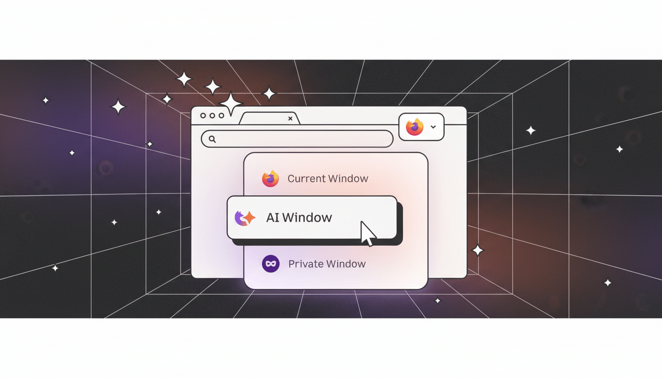 A web browser interface with a dropdown menu showing Current Window, AI Window, and Private Window, with a cursor selecting AI Window.