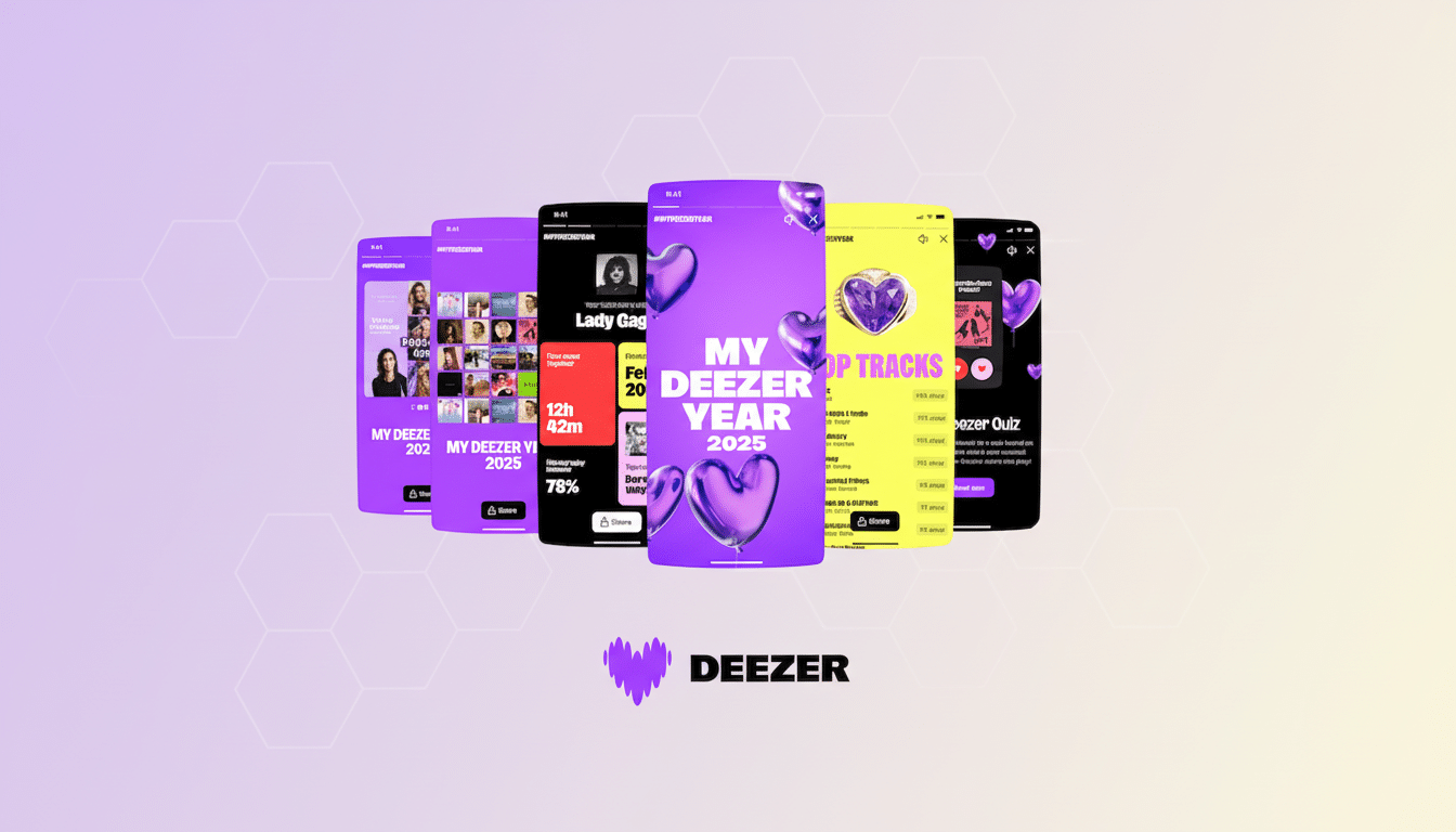 A 16:9 aspect ratio image showcasing five mobile phones displaying the My Deezer Year 2025 app interface, with a professional gradient background and the Deezer logo at the bottom.