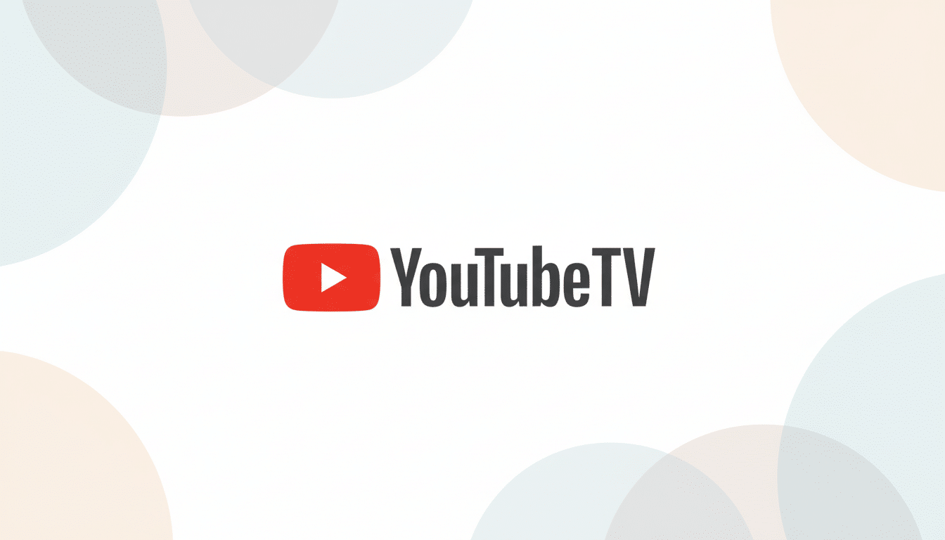 The YouTube TV logo, featuring a red play button icon next to the text YouTube TV in dark gray, centered on a white background with subtle, overlapping pastel-colored circles in the corners.