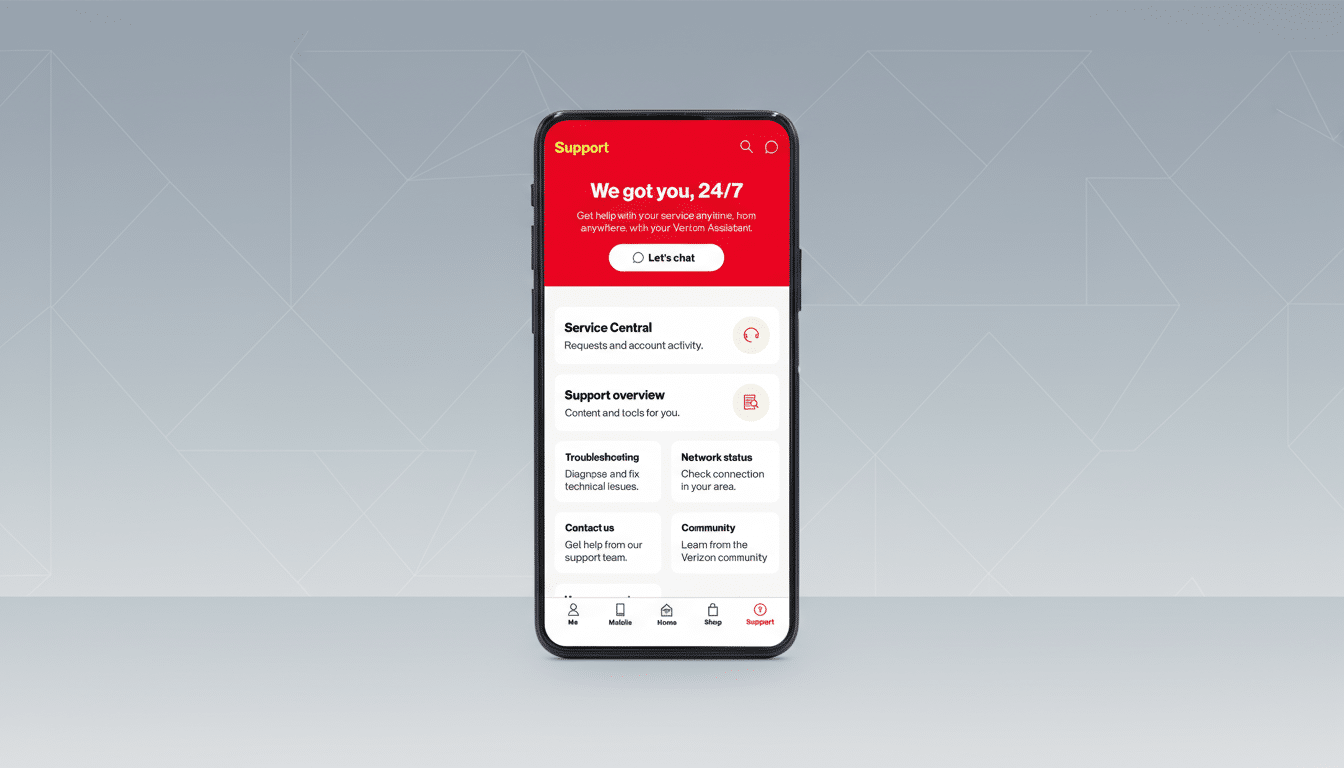 A smartphone displaying the Verizon support app interface, set against a professional flat design background with soft patterns.