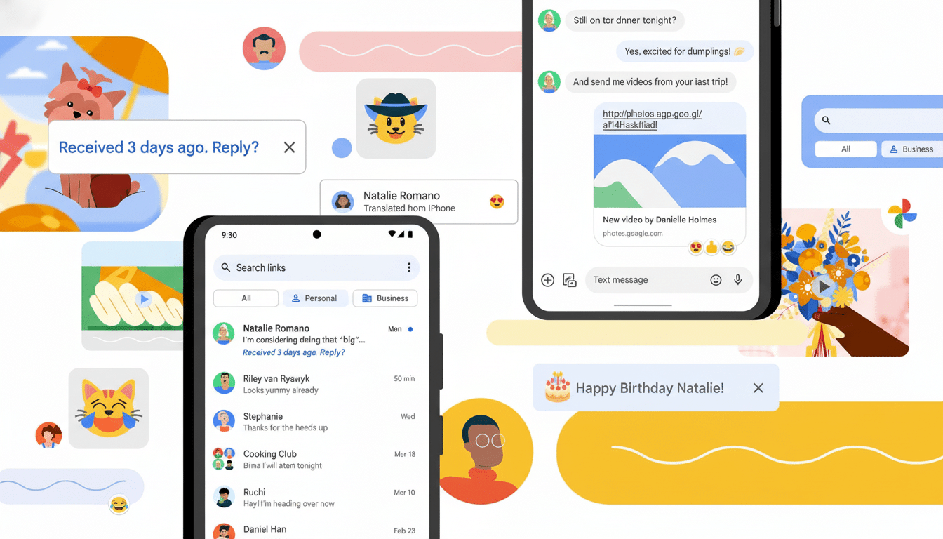 A professionally enhanced image of a mobile phone displaying a messaging app interface, resized to a 16:9 aspect ratio. The background remains unchanged, featuring various chat bubbles and cartoon avatars.