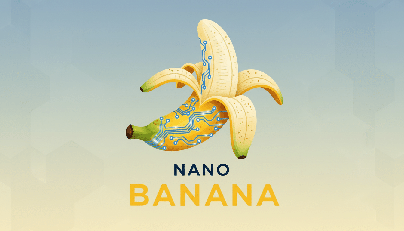 A 16:9 aspect ratio image featuring the NANO BANANA logo. The logo depicts a peeled banana with a blue circuit board pattern visible on its flesh. The background is a professional flat design with a soft gradient from light blue to light yellow, incorporating subtle geometric patterns.