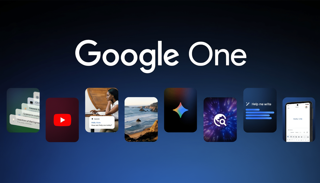 The Google One logo is displayed prominently at the top, with various app icons and images arranged below it. These include icons for YouTube, a person working on a laptop, a scenic coastal view, a colorful star-like icon, a magnifying glass icon with a starry background, a Help me write interface, and a smartphone displaying a Hello, Lisa message. The background is a gradient of dark blue to lighter blue.