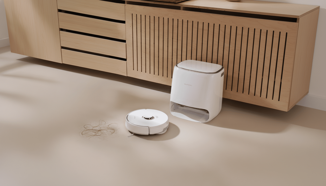 A white robotic vacuum cleaner and its charging station are on a light-colored floor next to a wooden cabinet. A small pile of hair is on the floor near the vacuum.