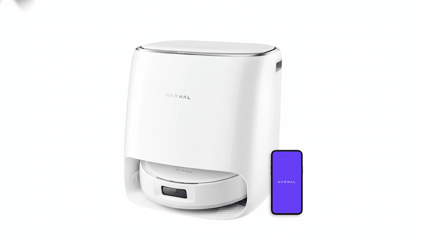 A white Narwal robot vacuum cleaner and its accompanying smartphone app displayed on a white background, resized to a 16:9 aspect ratio.